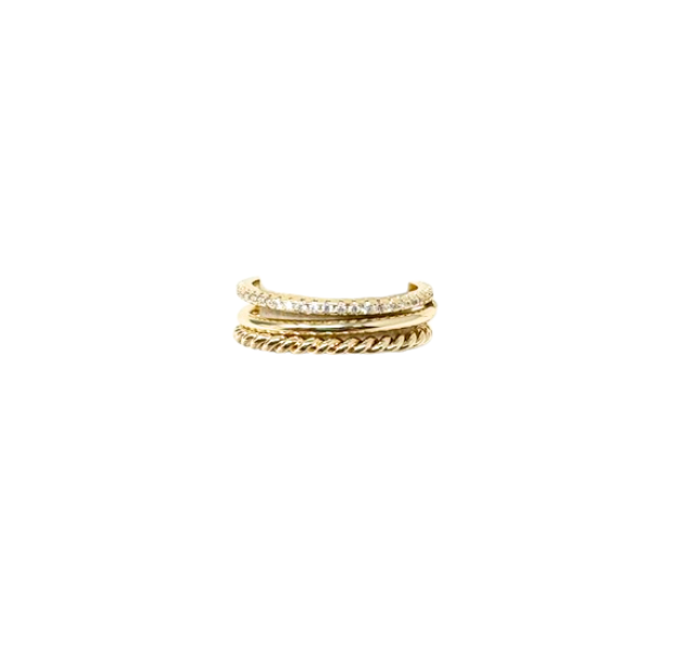 Gold-toned triple-band fashion statement ring with twisted, smooth, and crystal-encrusted layers.