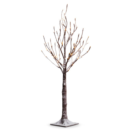 3.5’ Lighted Snowy Tree with brown branches and warm white LED lights on a square base.