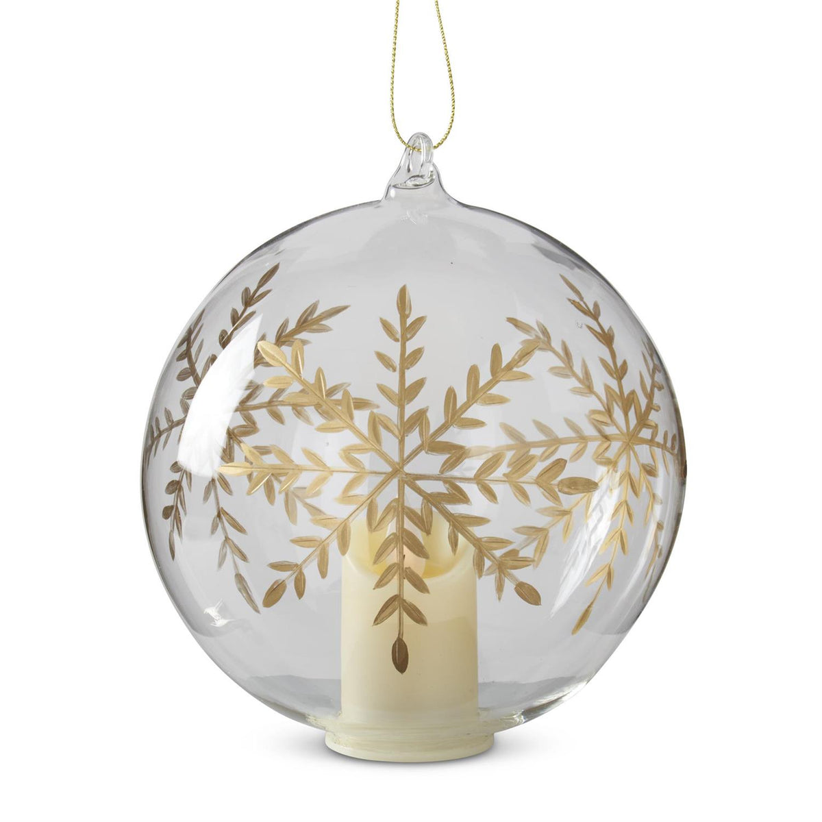 6-inch clear glass snowflake ornament with gold gilded etching and built-in timer