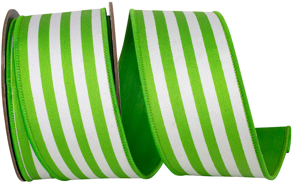 2-1/2 inch lime green and white striped twill ribbon with wired edges on a spool.