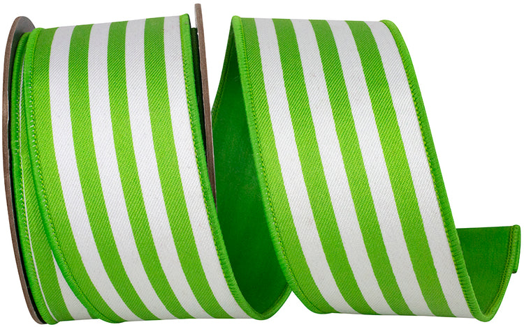 2-1/2 inch lime green and white striped twill ribbon with wired edges on a spool.