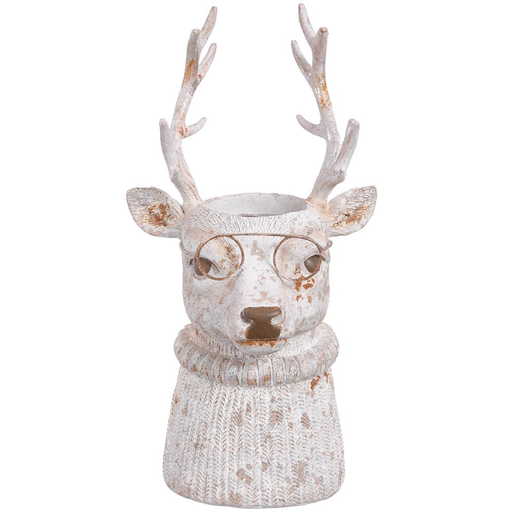 11.5-inch white antique reindeer planter made of polyresin with glasses and a sweater texture.