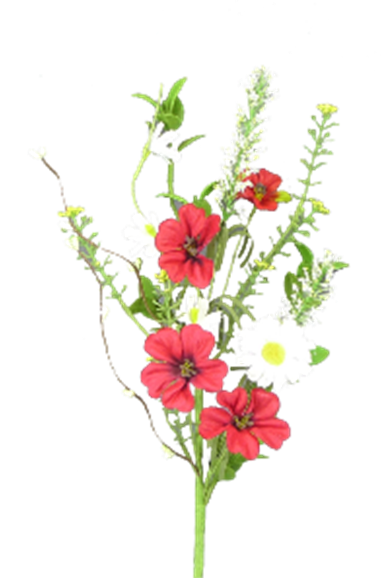 Wired floral pick with red geraniums, white daisies, yellow cattails, and green paper-wrapped stems.