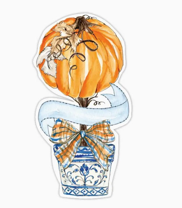 Die-cut paper placemat shaped like a pumpkin topiary in a blue and white chinoiserie pot.