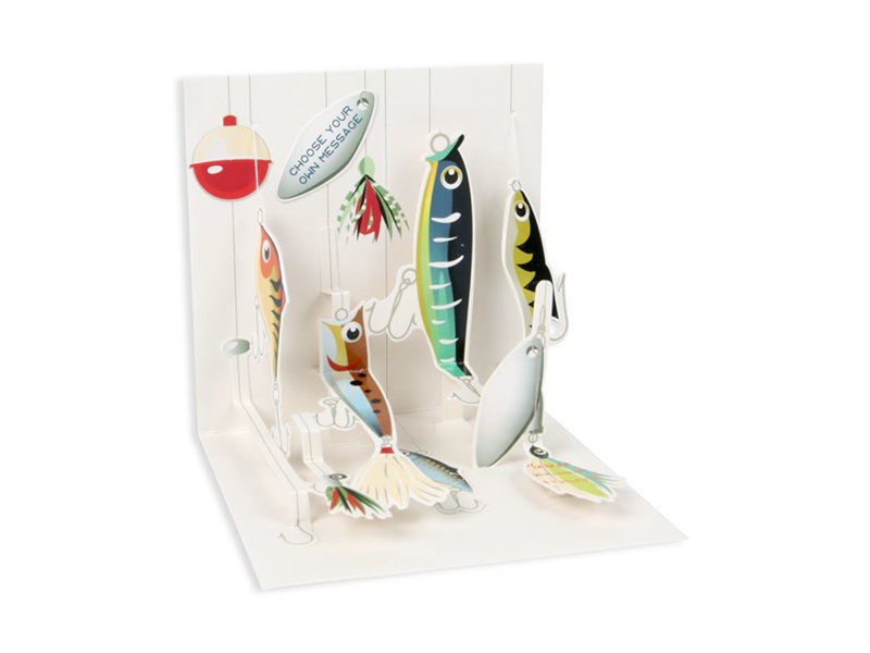 Square fishing lure card with a colorful fish illustration on white background.