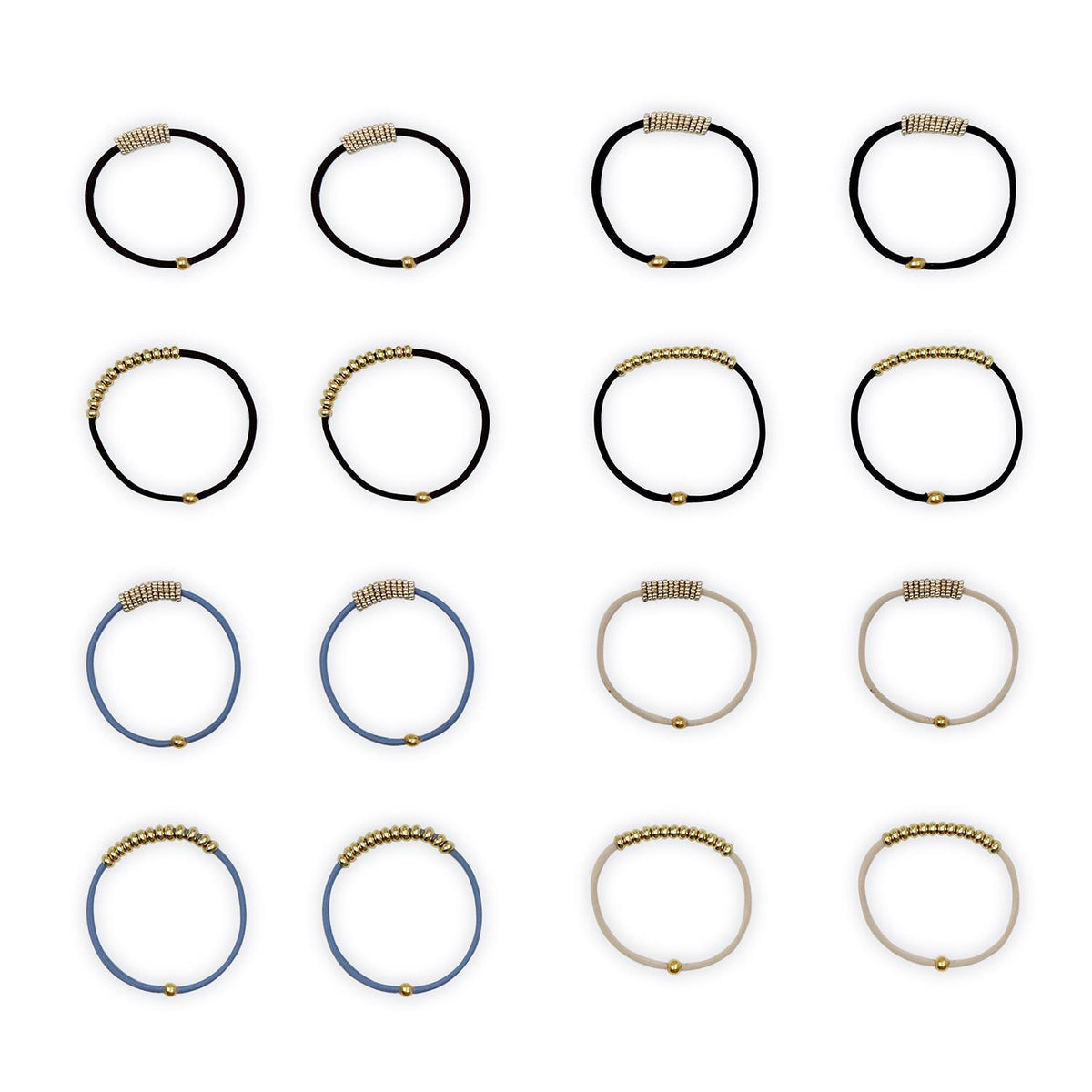 Set of 16 Gold Rush elastic hair tie bracelets in black, blue, and tan with gold bead accents.