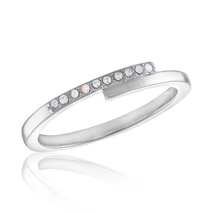 Overlapping silver band stack ring featuring a row of small round white opals.