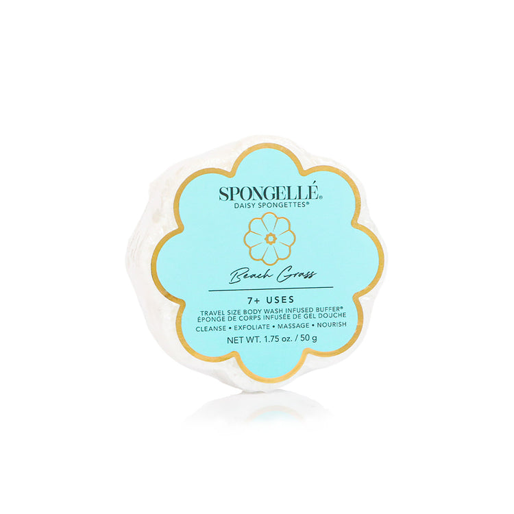 Spongellé Daisy Spongette in Beach Grass, a flower-shaped travel size body wash infused buffer.