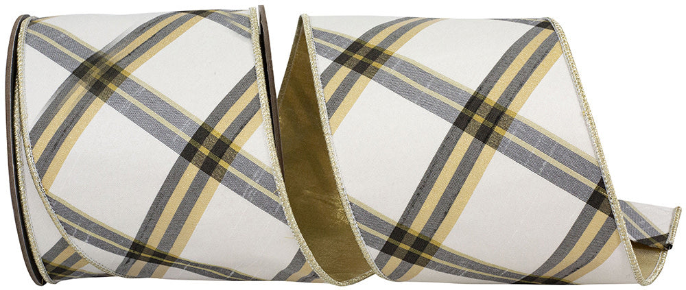 Diagonal plaid ribbon with gold metallic yarn on black and ivory cotton background.