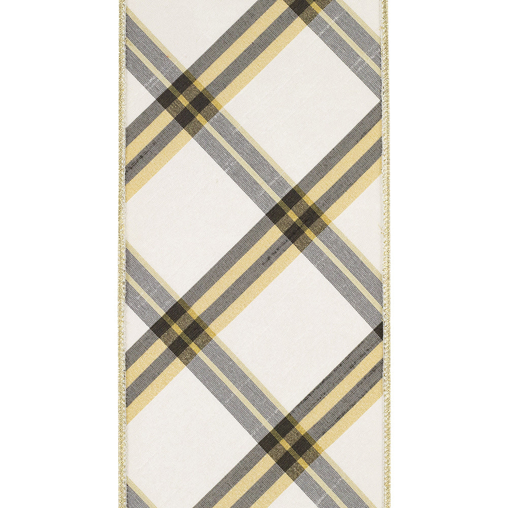Diagonal plaid ribbon in black, ivory, and metallic gold with wired edge on a firm backing.