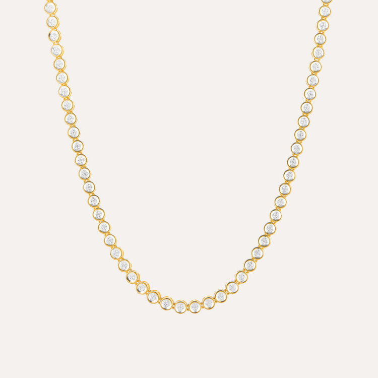 Diamond tennis necklace with a continuous row of genuine diamonds on an 18-inch chain.