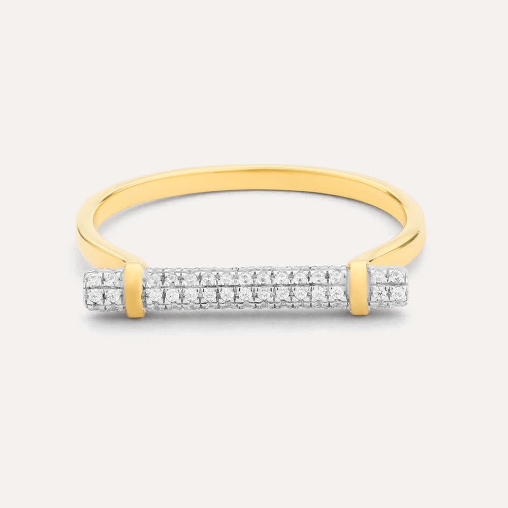 Sterling silver ring with gold plating featuring a central diamond log-shaped stone set in a three-prong setting.