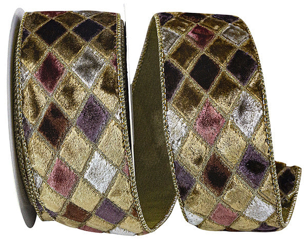 Taupe polyester velvet ribbon with a diamond jewel pattern and gold wired edge.