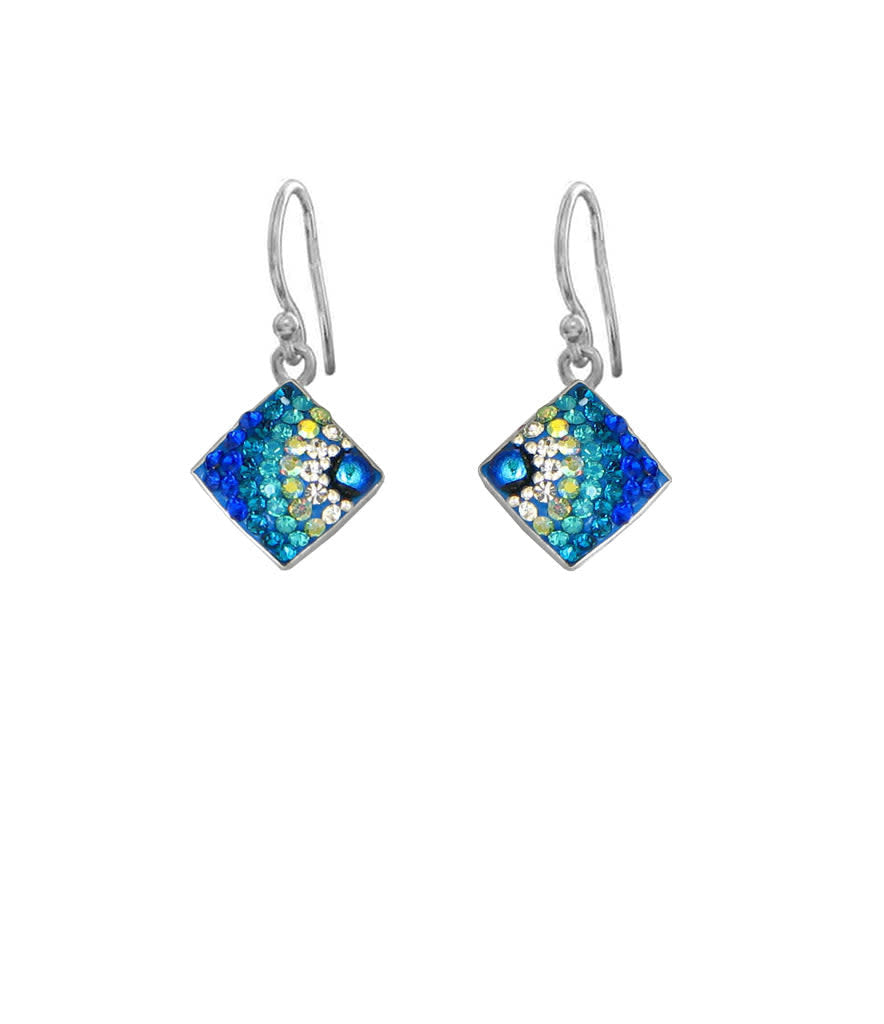 Sterling silver diamond-shaped drop earrings featuring Austrian crystals in a geometric pattern.
