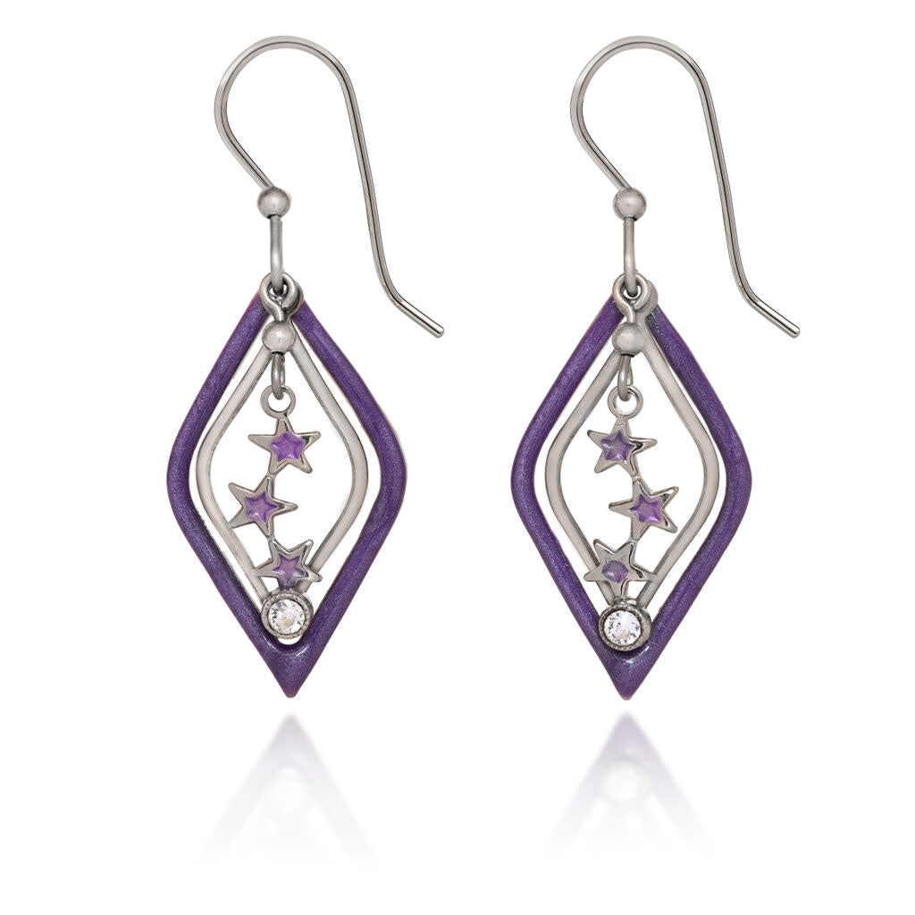 Diamond & Star Spray earrings with surgical steel earwires featuring layered brass, silver plating, purple ceramic accents, and star motifs.