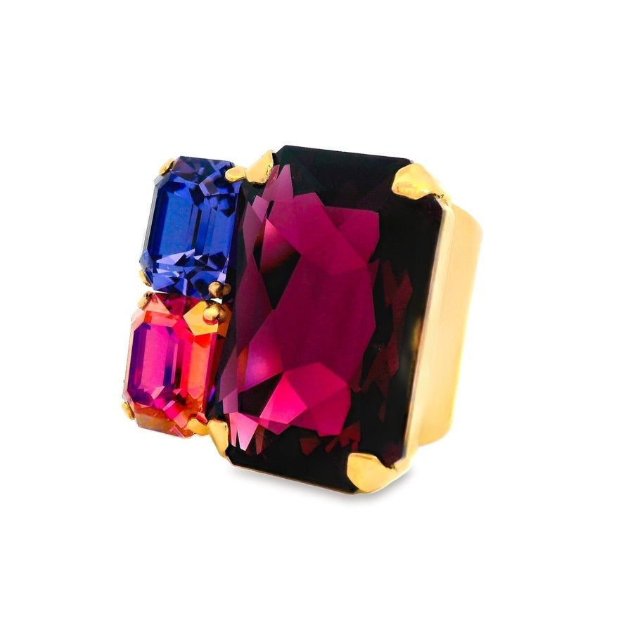 Adjustable antique gold plated brass Diana ring featuring high quality amethyst crystals.
