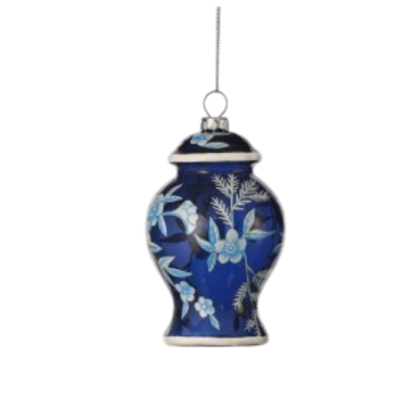 Blue glass floral urn Christmas ornament with white and light blue flower details.