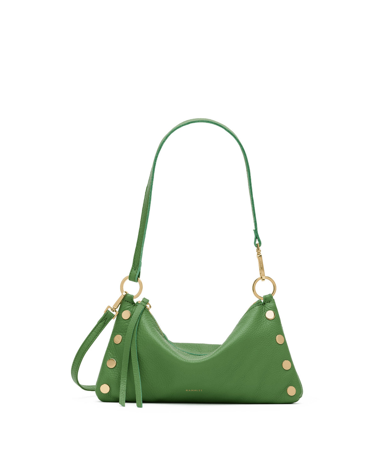 Red Kyle Small crossbody bag with tassel zipper pull, O-ring attachments, and vertical back cell pocket.