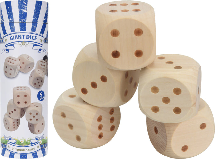 Wooden dice game set with five large natural wood cubes measuring 5.5 cm each.