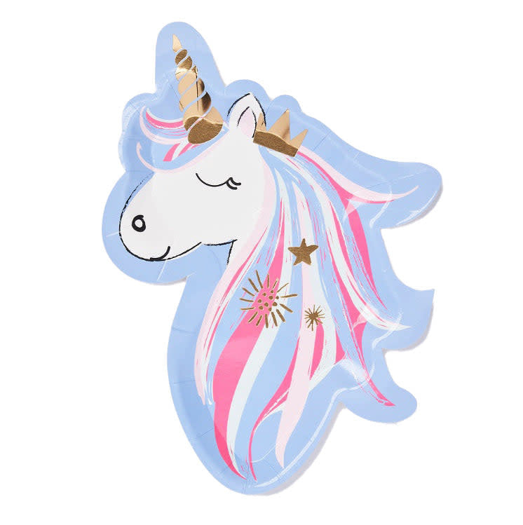 Blue paper salad plate with white and pink die-cut unicorn silhouette.
