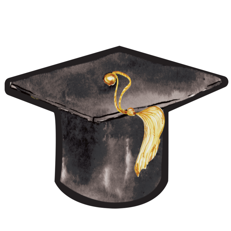 Black die-cut paper graduation cap plate with gold tassel detail