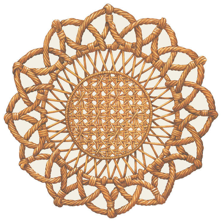 Die-cut placemat with rattan weave texture in natural tan color.