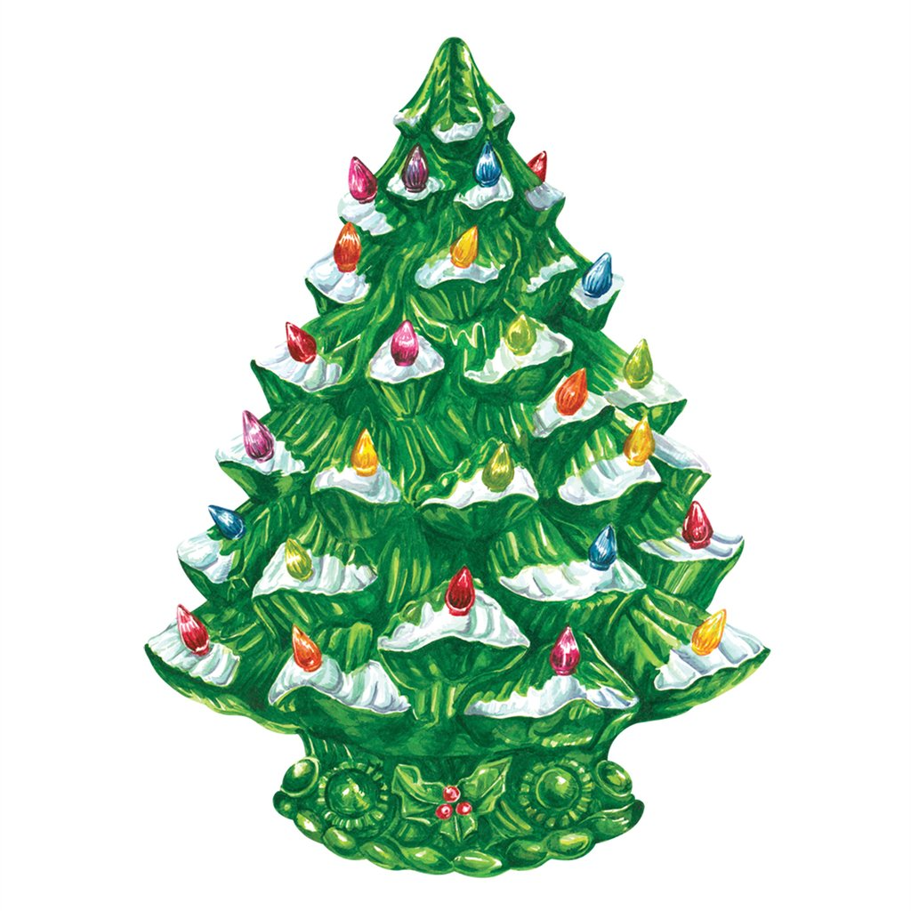 Die-cut vintage Christmas tree placemat with green foliage and red ornaments on a white background.