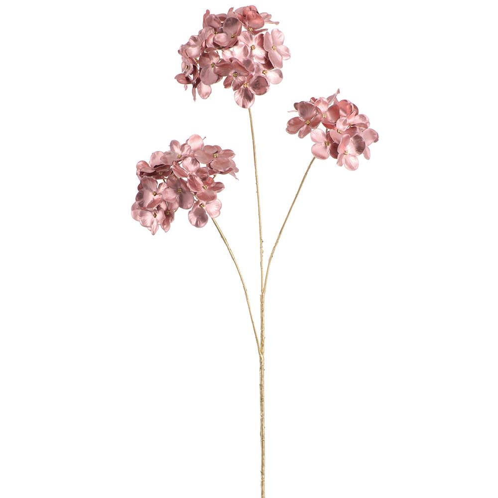28.5-inch metallic rose gold hydrangea spray with three clusters of shimmering fabric blooms.