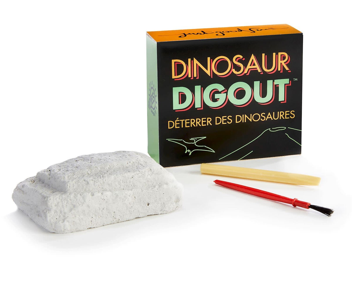 Dig Out Faux Fossil Dinosaur excavation kit with crumbly gypsum nugget and PP dinosaur figure.
