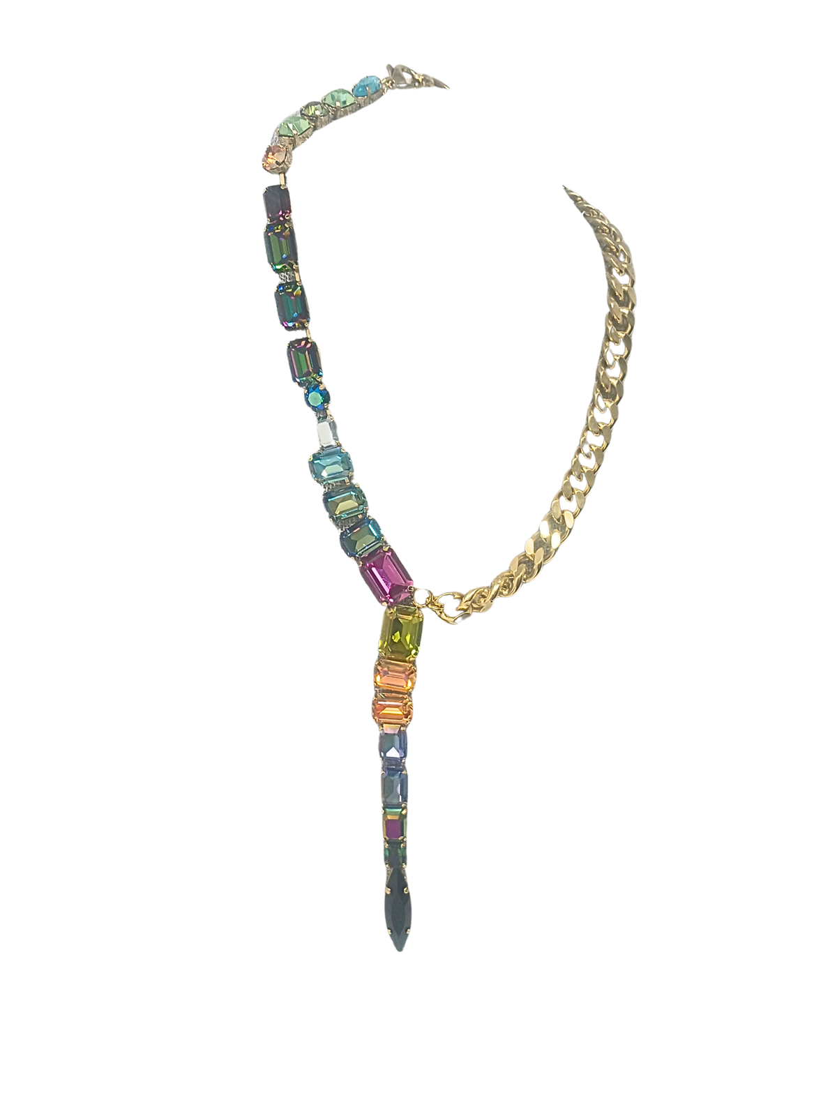 Roxanna Midnight Express necklace featuring high-quality crystals on a brass base metal chain with a 5-inch drop.