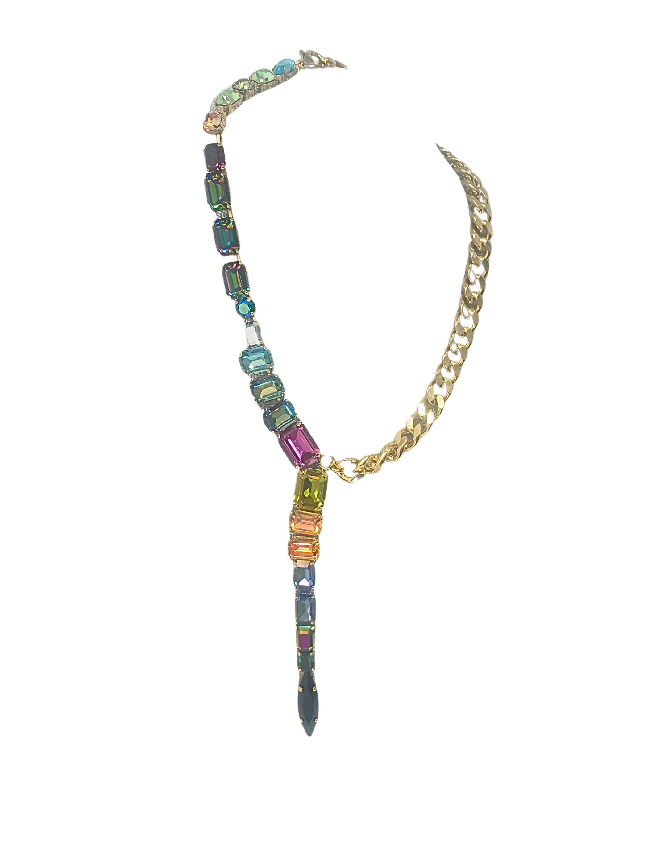 Roxanna Midnight Express necklace featuring high-quality crystals on a brass base metal chain with a 5-inch drop.