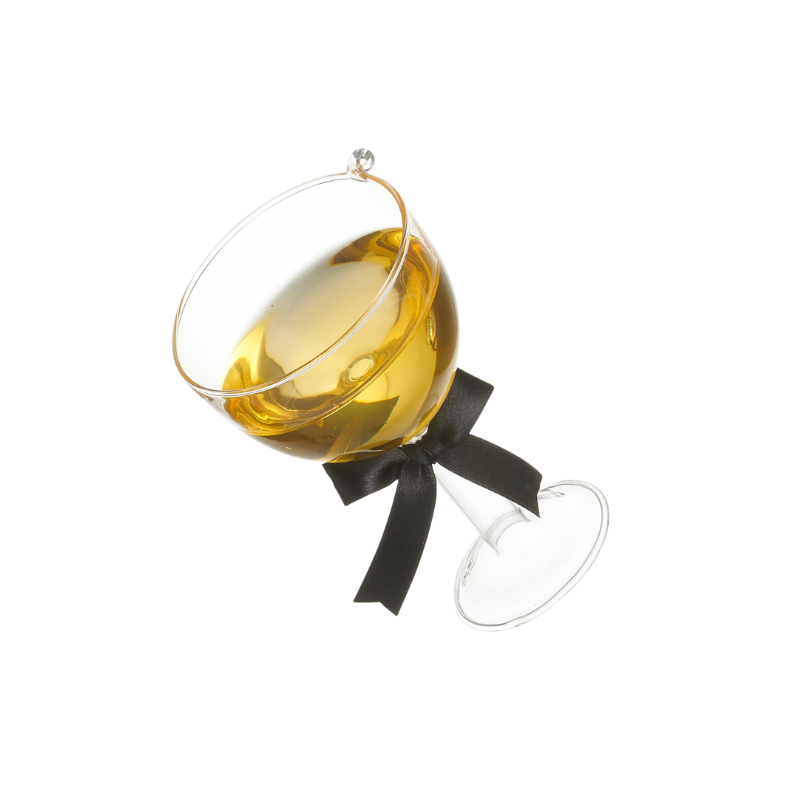 5.5-inch glass champagne coupe ornament filled with golden liquid and tied with a black bow.