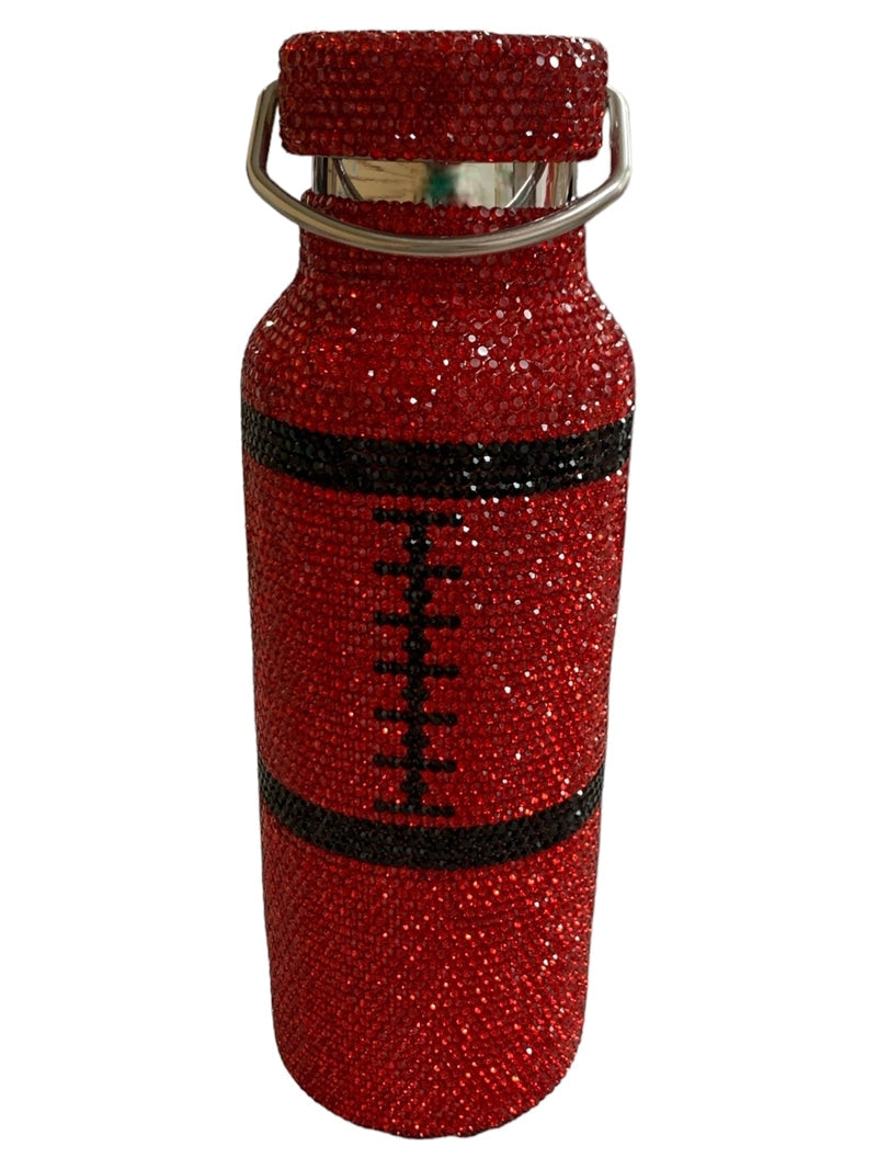Red rhinestone water bottle with black rhinestone football laces and stripes.