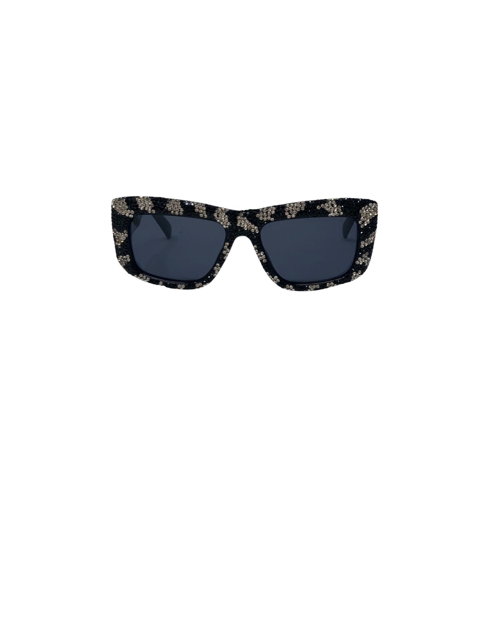 Black rectangular sunglasses with leopard print rhinestone embellishments and dark lenses.