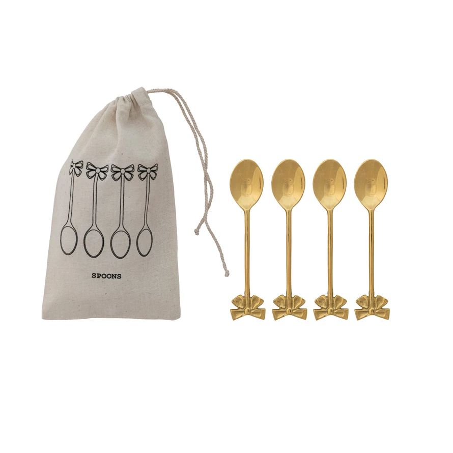 Brass Spoons with Bow Shaped Handles Drawstring Bag Set/4 - Sold as Set