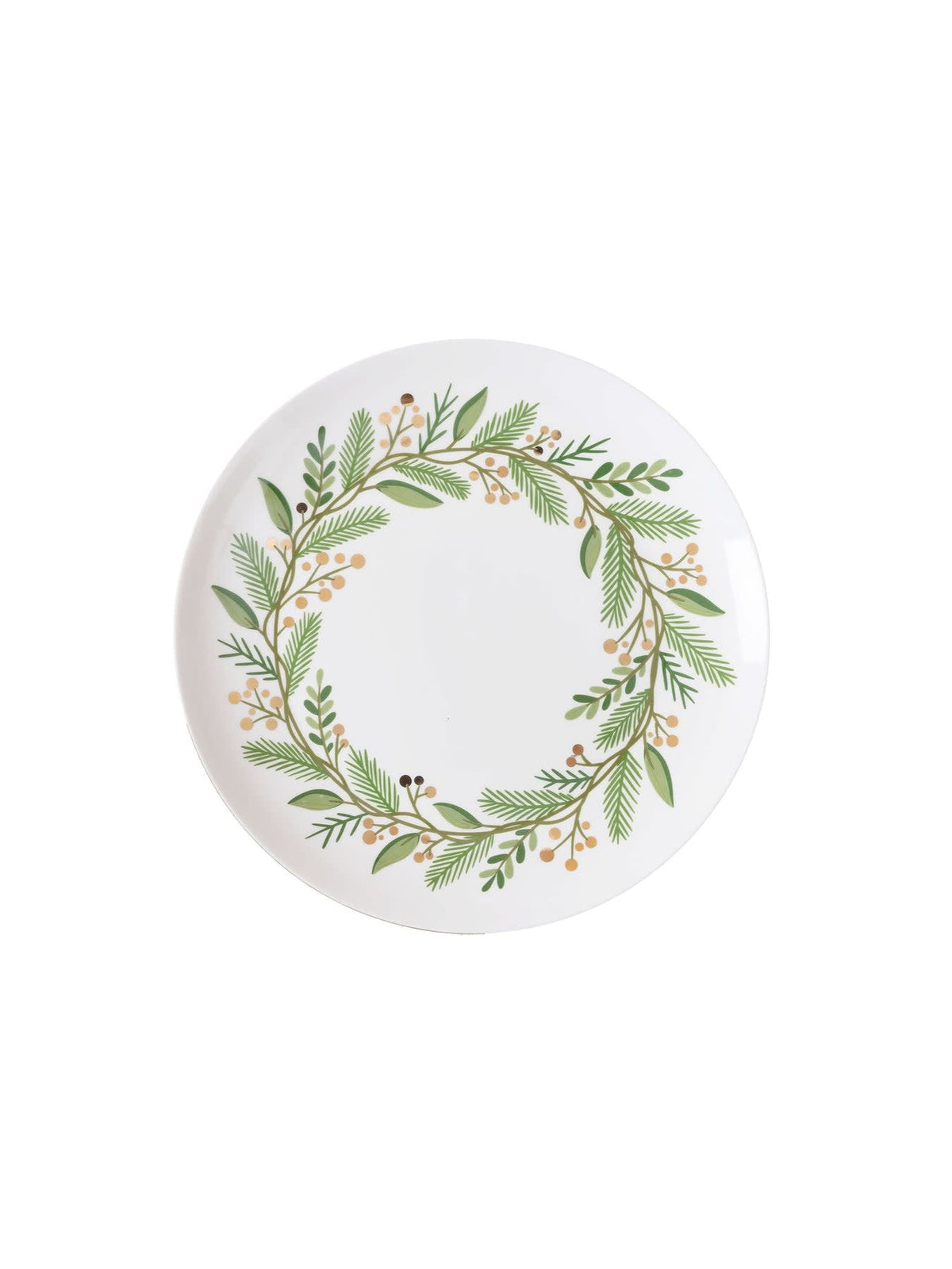 Ceramic dinner plate with green wreath pattern and gold foil trim