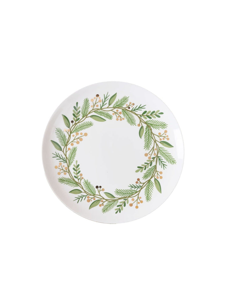 Ceramic dinner plate with green wreath pattern and gold foil trim