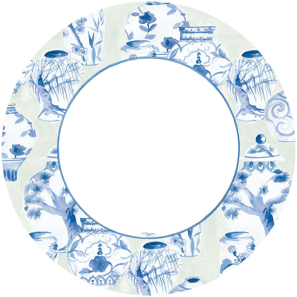 Pack of eight glazed porcelain-style dinner plates in celadon green with a classic round silhouette.
