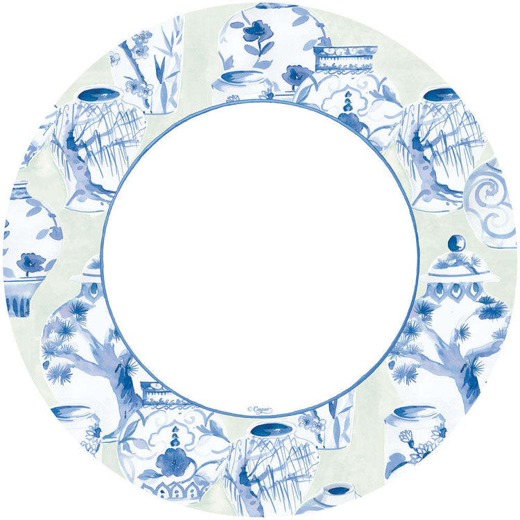Pack of eight glazed porcelain-style dinner plates in celadon green with a classic round silhouette.