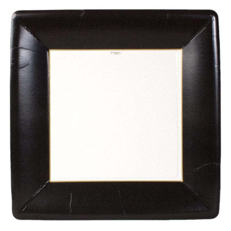 Pack of eight square dinner plates with black grosgrain border pattern.