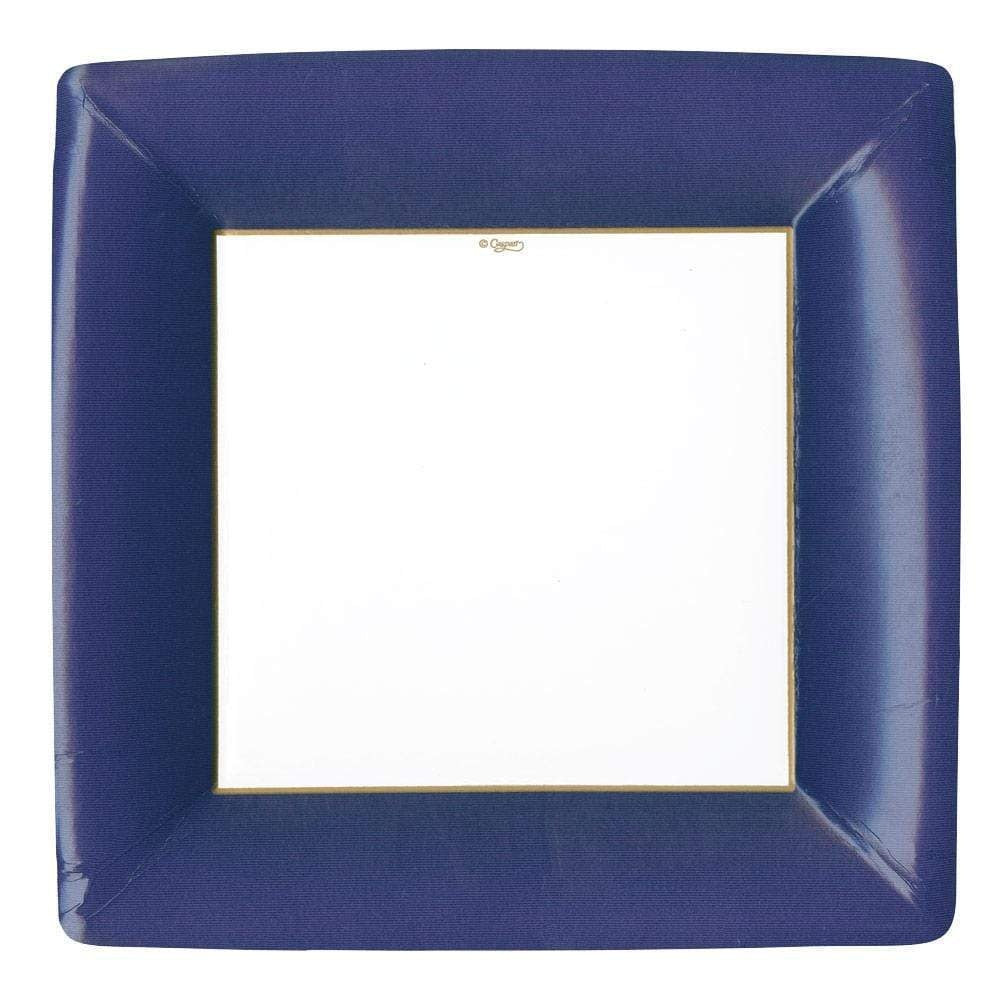 Pack of eight navy blue square dinner plates with a grosgrain border pattern.