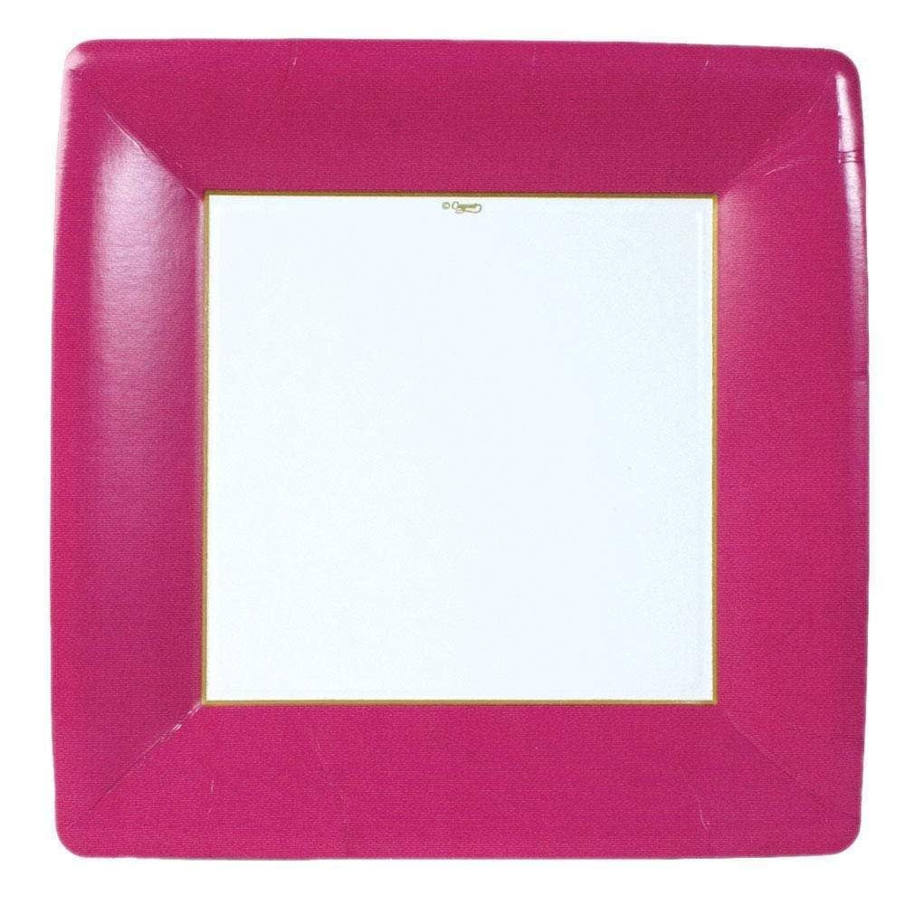 Square dinner plates with a rose grosgrain border printed in the USA.