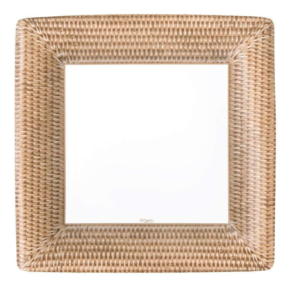 Pack of eight square paper dinner plates with a natural rattan weave pattern.