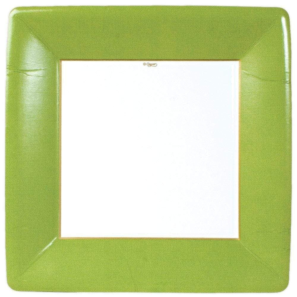 Pack of eight square dinner plates made from durable paper with water-based dyes.