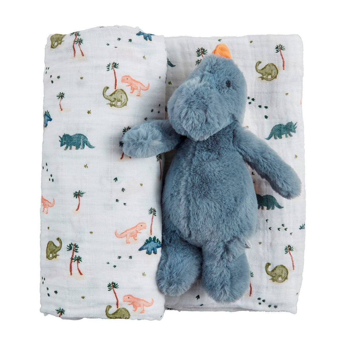 Muslin swaddle blanket with faux fur rattle in dinosaur pattern