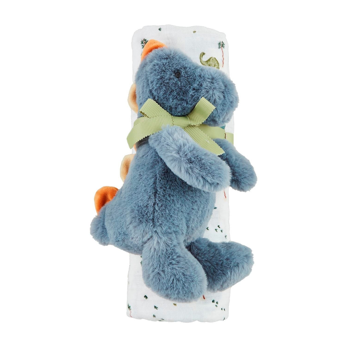 Muslin swaddle blanket with plush faux fur rattle in dinosaur pattern