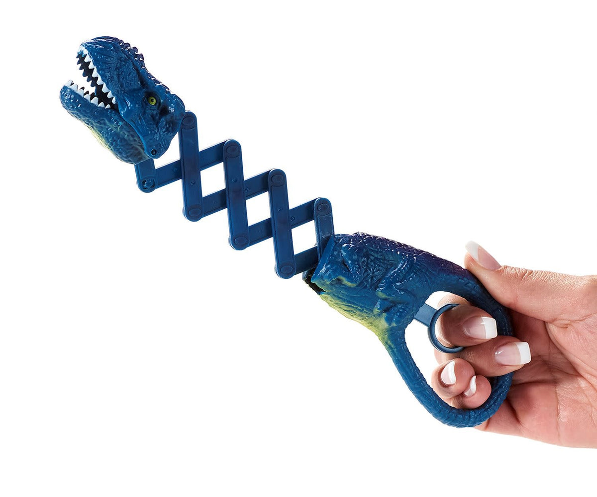 Green plastic dinosaur toy with a wide mouth designed to grab small objects.