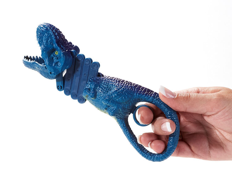 Green plastic dinosaur toy with an open mouth designed to grab small objects.