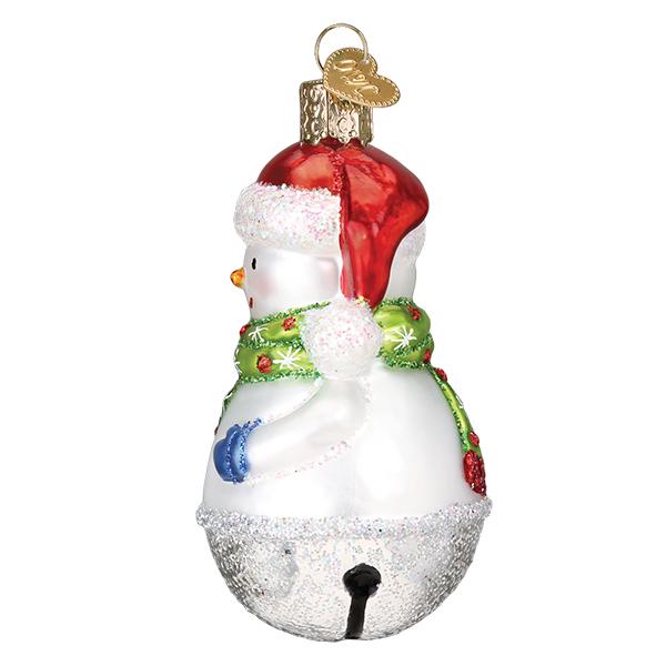 Jingle Bell Snowman glass ornament with a red hat, green scarf, and blue mittens.