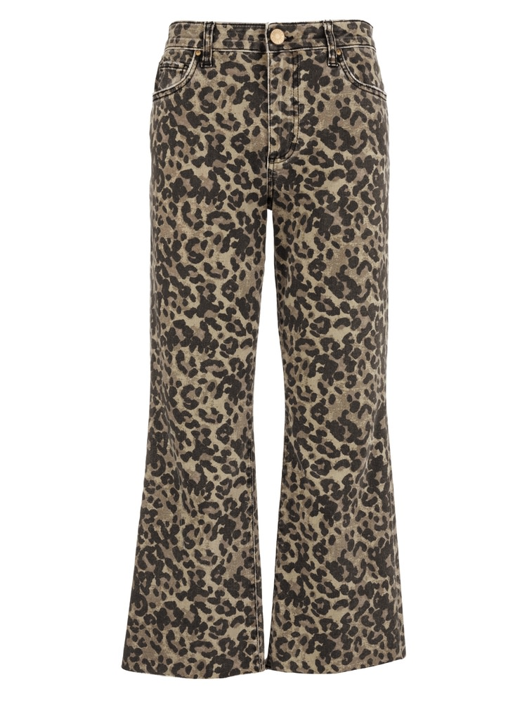 Kelsey high-rise ankle flare jeans in a brown and black leopard print with a raw hem.